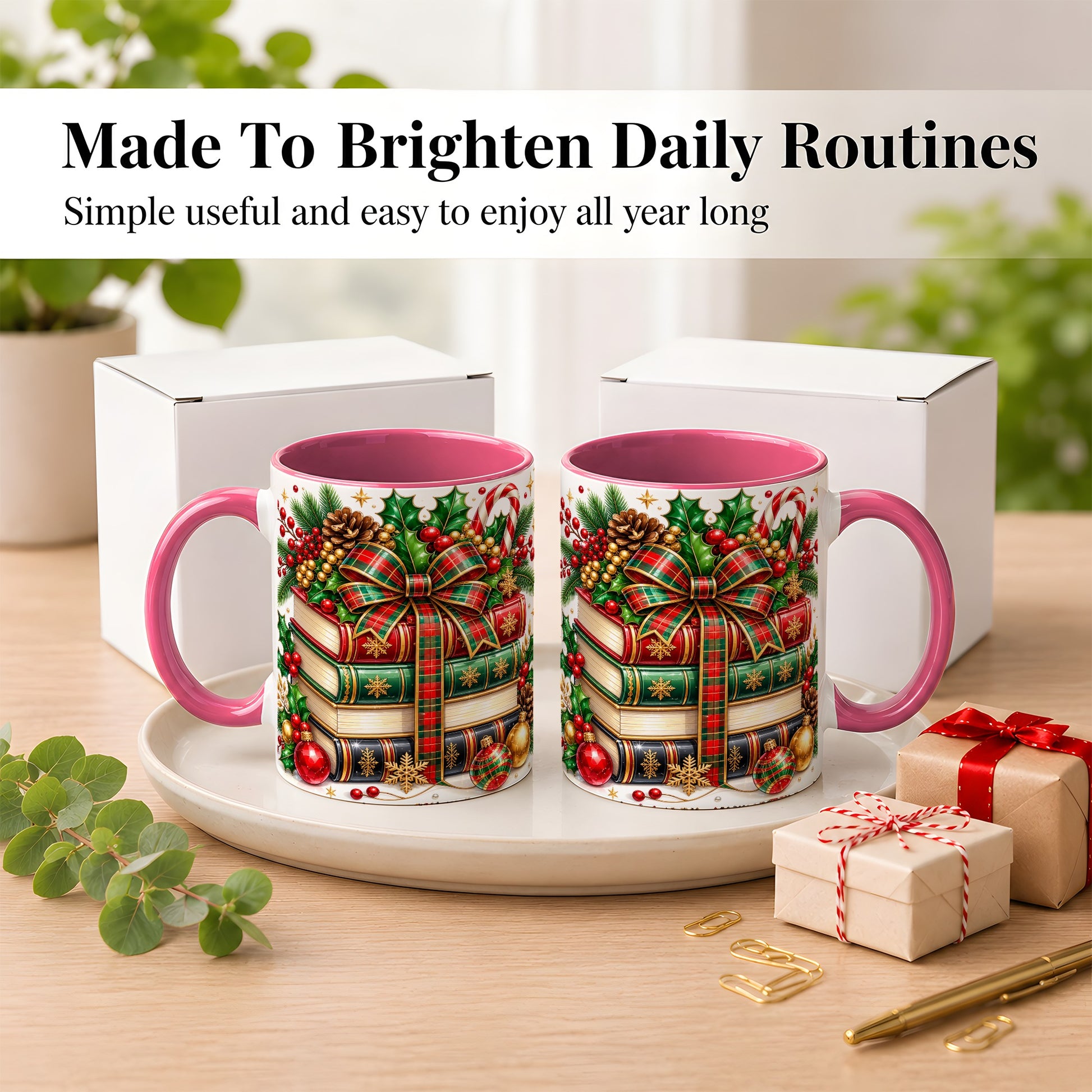 #pl[11oz|Pink] Classic Christmas Books Coffee Mug, Plaid Bow Holiday Mug, Ceramic Cup