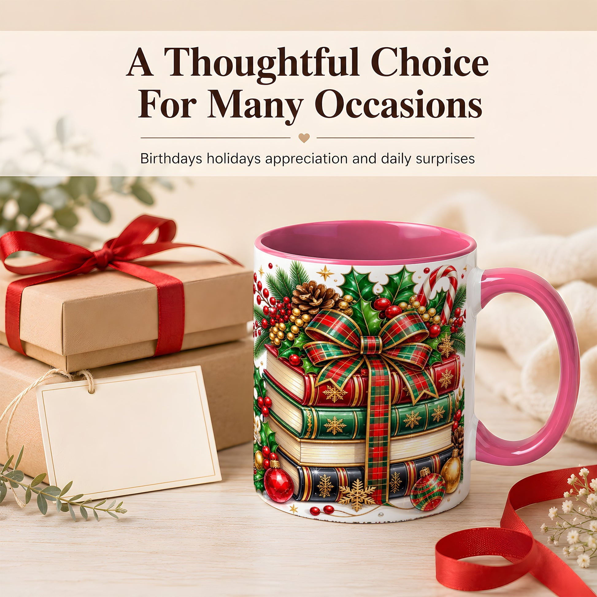 #pl[11oz|Pink] Classic Christmas Books Coffee Mug, Plaid Bow Holiday Mug, Ceramic Cup