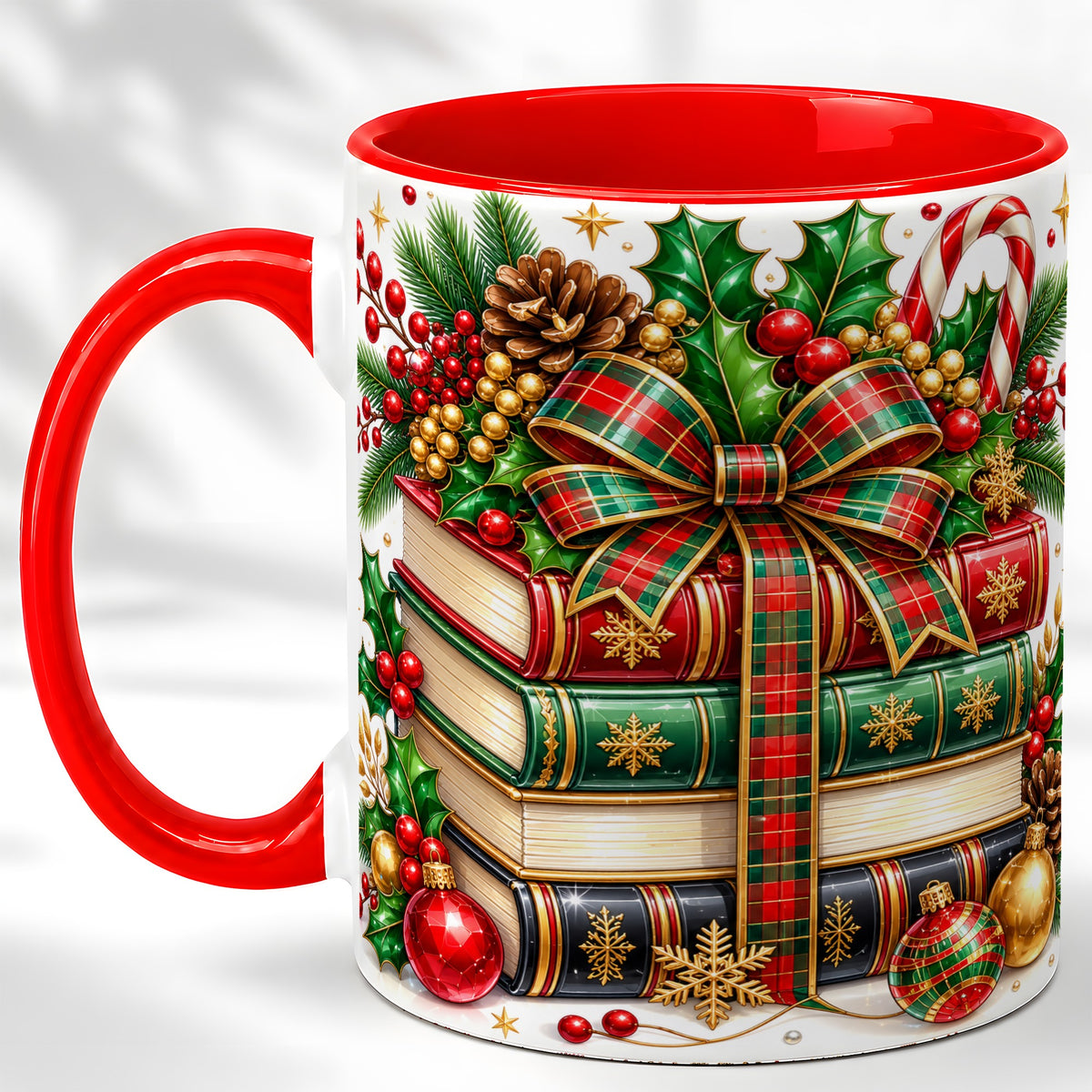Classic Christmas Books Coffee Mug, Plaid Bow Holiday Mug, Ceramic Cup