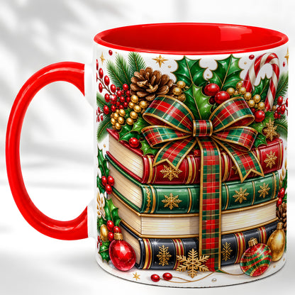 Classic Christmas Books Coffee Mug, Plaid Bow Holiday Mug, Ceramic Cup