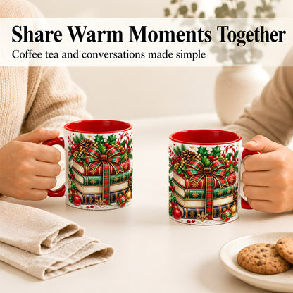 #pl[11oz|Red] Classic Christmas Books Coffee Mug, Plaid Bow Holiday Mug, Ceramic Cup