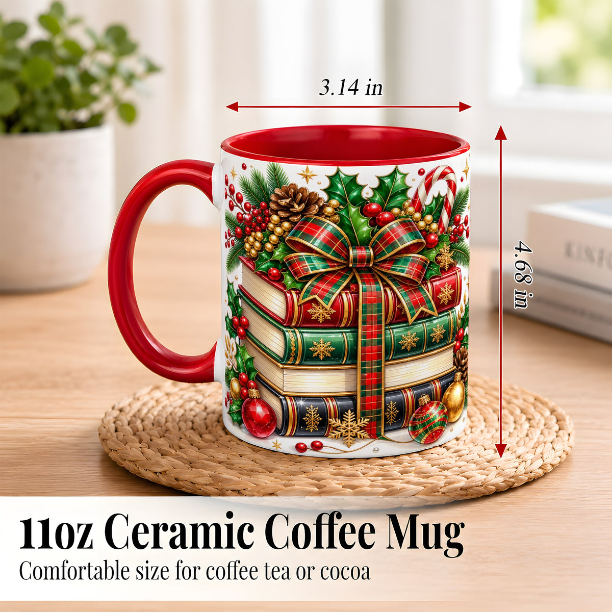 #pl[11oz|Red] Classic Christmas Books Coffee Mug, Plaid Bow Holiday Mug, Ceramic Cup