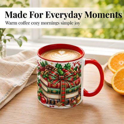 #pl[11oz|Red] Classic Christmas Books Coffee Mug, Plaid Bow Holiday Mug, Ceramic Cup