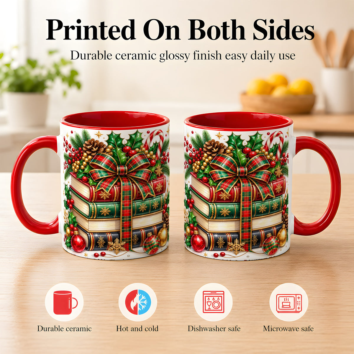 #pl[11oz|Red] Classic Christmas Books Coffee Mug, Plaid Bow Holiday Mug, Ceramic Cup