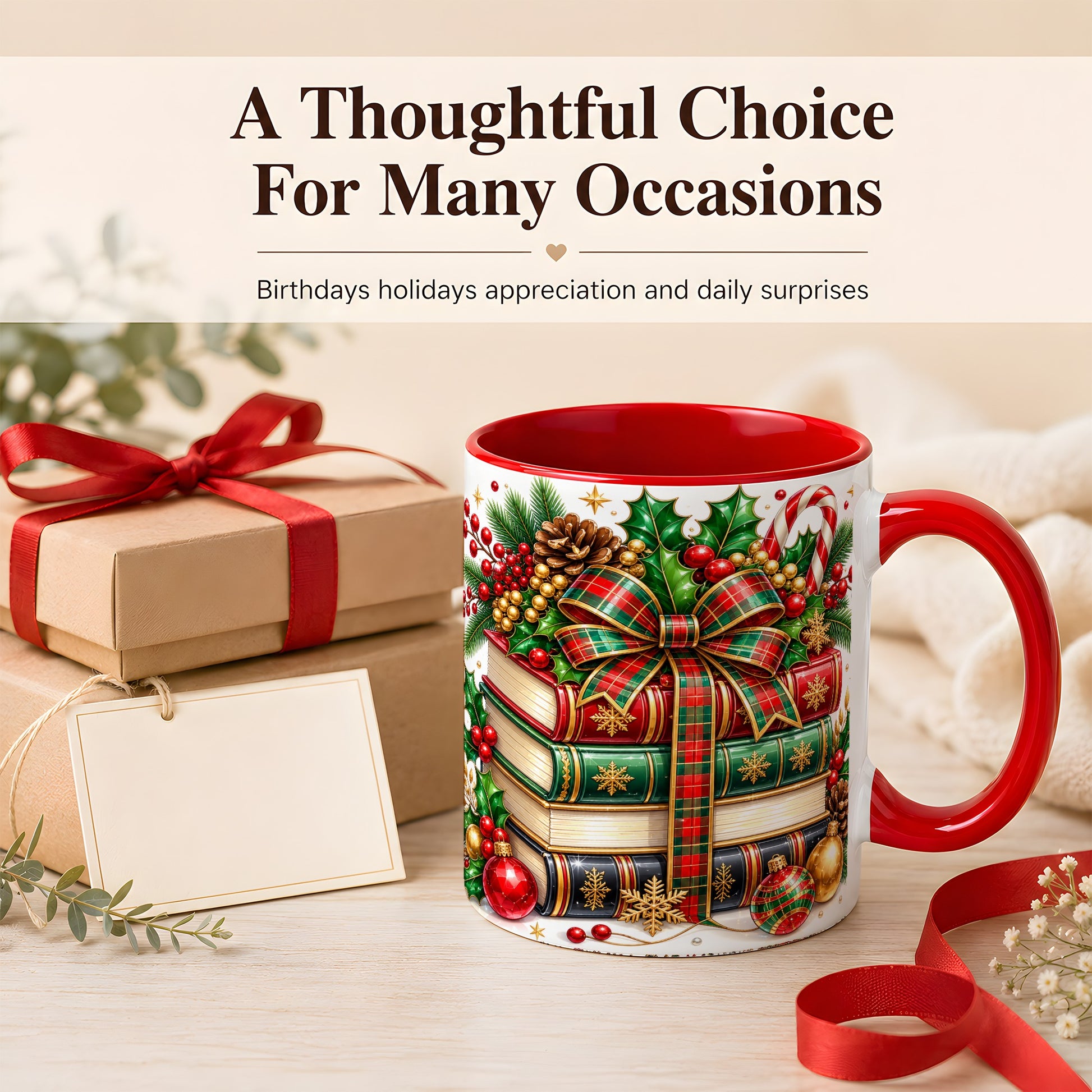 #pl[11oz|Red] Classic Christmas Books Coffee Mug, Plaid Bow Holiday Mug, Ceramic Cup