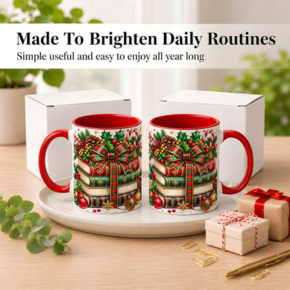 #pl[11oz|Red] Classic Christmas Books Coffee Mug, Plaid Bow Holiday Mug, Ceramic Cup