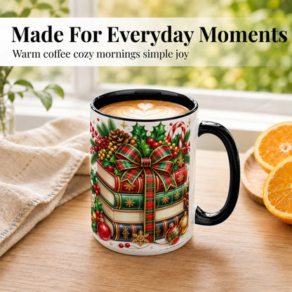 #pl[15oz|Black] Classic Christmas Books Coffee Mug, Plaid Bow Holiday Mug, Ceramic Cup