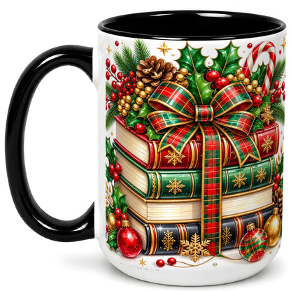 #pl[15oz|Black] Classic Christmas Books Coffee Mug, Plaid Bow Holiday Mug, Ceramic Cup