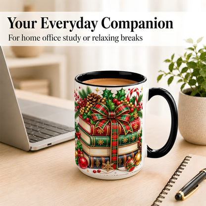 #pl[15oz|Black] Classic Christmas Books Coffee Mug, Plaid Bow Holiday Mug, Ceramic Cup