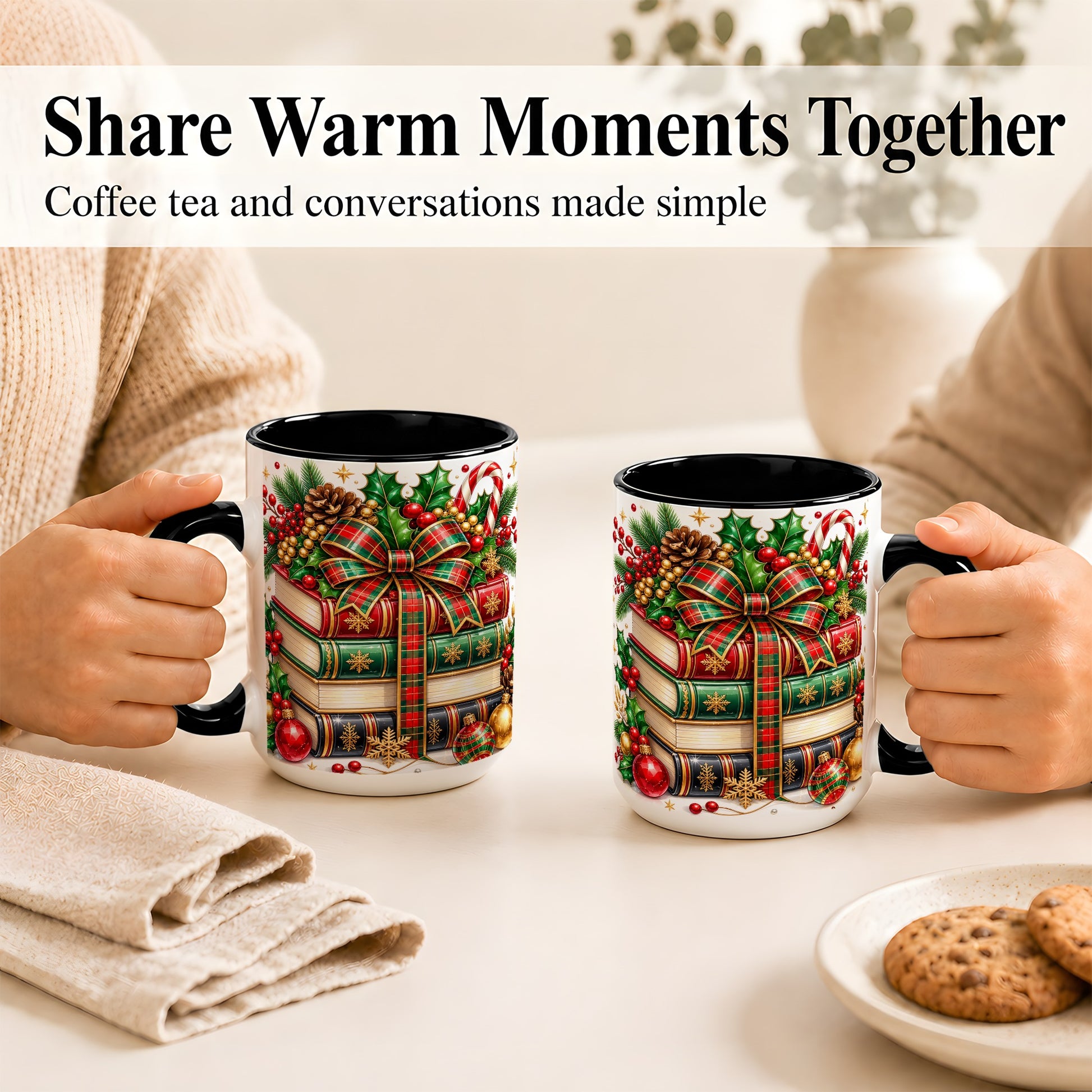 #pl[15oz|Black] Classic Christmas Books Coffee Mug, Plaid Bow Holiday Mug, Ceramic Cup
