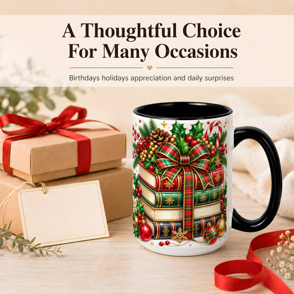 #pl[15oz|Black] Classic Christmas Books Coffee Mug, Plaid Bow Holiday Mug, Ceramic Cup