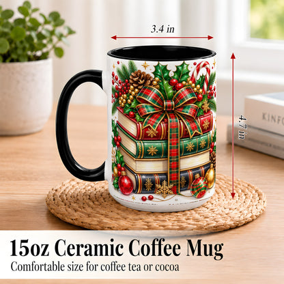 #pl[15oz|Black] Classic Christmas Books Coffee Mug, Plaid Bow Holiday Mug, Ceramic Cup