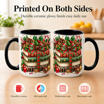 #pl[15oz|Black] Classic Christmas Books Coffee Mug, Plaid Bow Holiday Mug, Ceramic Cup