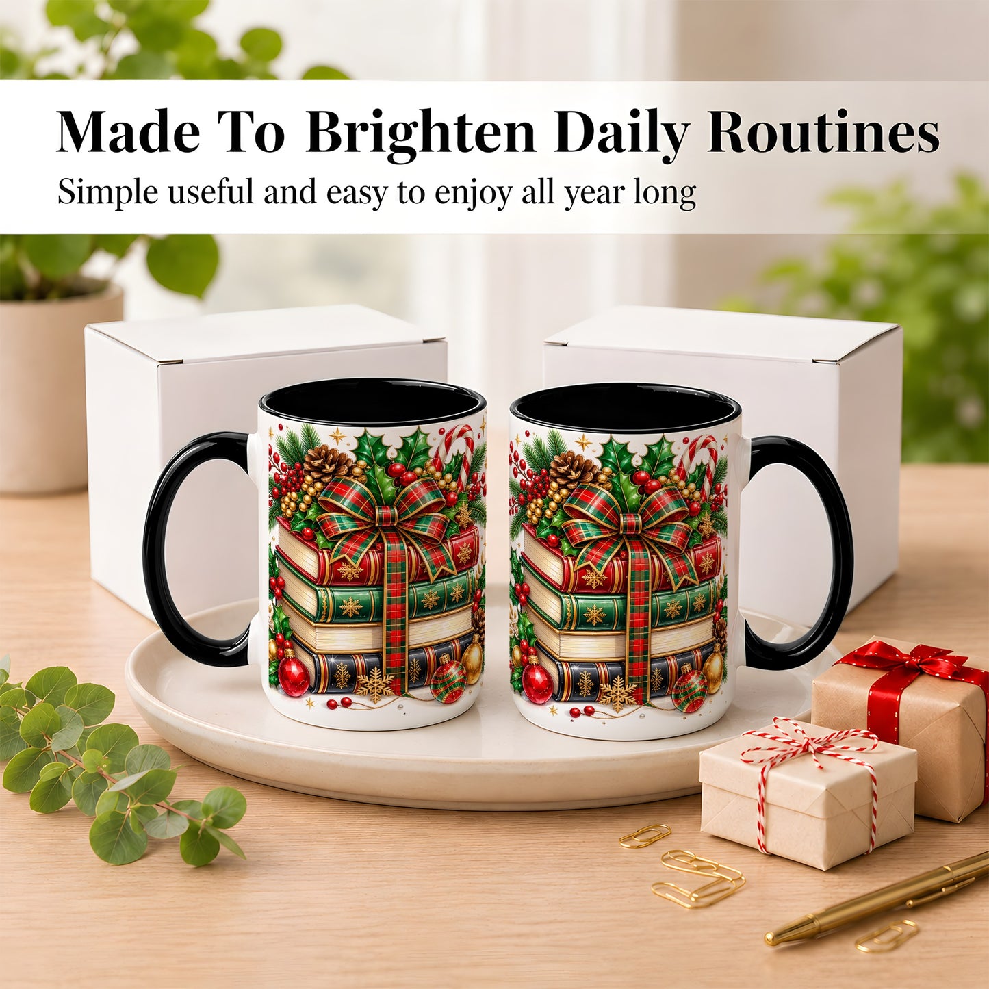 #pl[15oz|Black] Classic Christmas Books Coffee Mug, Plaid Bow Holiday Mug, Ceramic Cup
