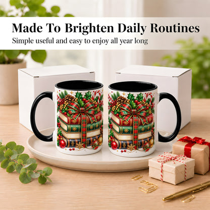 #pl[15oz|Black] Classic Christmas Books Coffee Mug, Plaid Bow Holiday Mug, Ceramic Cup