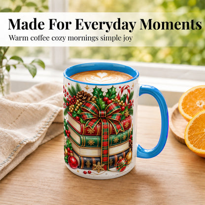 #pl[15oz|Blue] Classic Christmas Books Coffee Mug, Plaid Bow Holiday Mug, Ceramic Cup