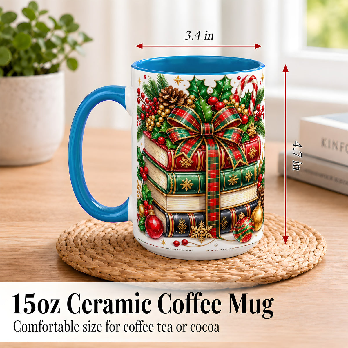#pl[15oz|Blue] Classic Christmas Books Coffee Mug, Plaid Bow Holiday Mug, Ceramic Cup