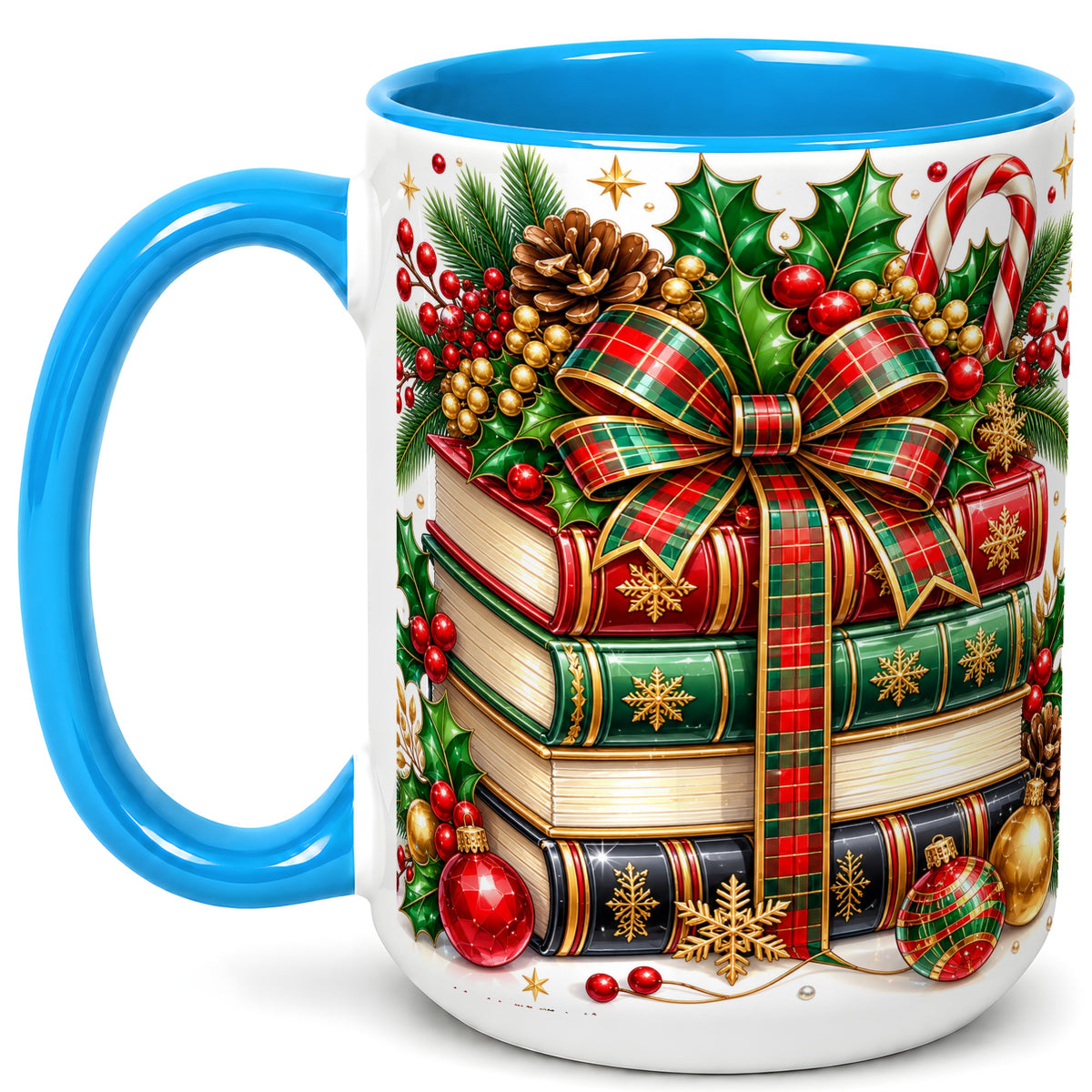 #pl[15oz|Blue] Classic Christmas Books Coffee Mug, Plaid Bow Holiday Mug, Ceramic Cup