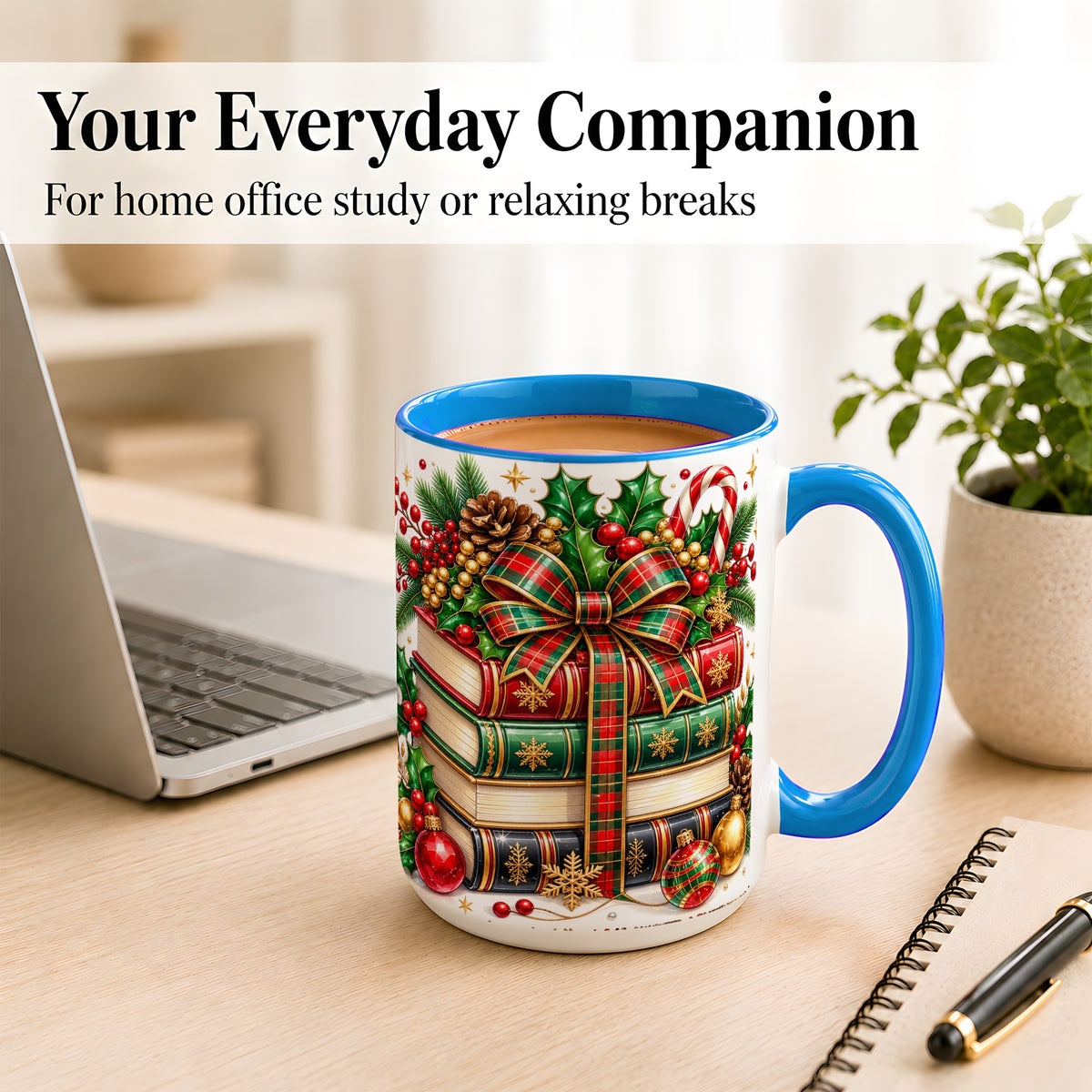 #pl[15oz|Blue] Classic Christmas Books Coffee Mug, Plaid Bow Holiday Mug, Ceramic Cup