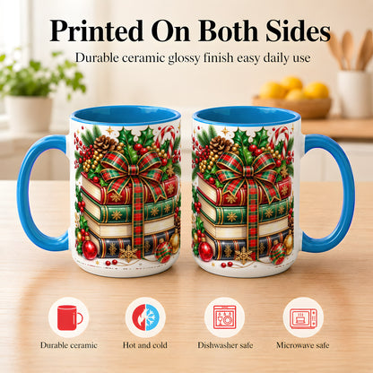#pl[15oz|Blue] Classic Christmas Books Coffee Mug, Plaid Bow Holiday Mug, Ceramic Cup