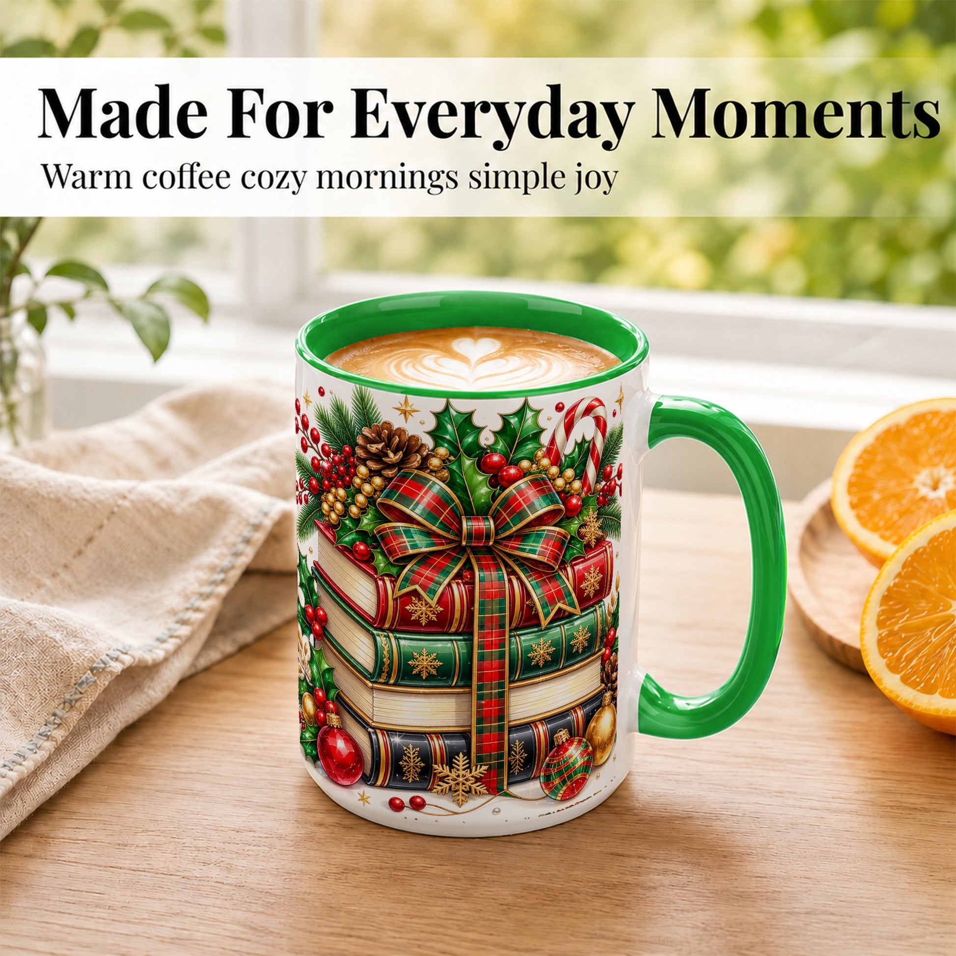 #pl[15oz|Green] Classic Christmas Books Coffee Mug, Plaid Bow Holiday Mug, Ceramic Cup