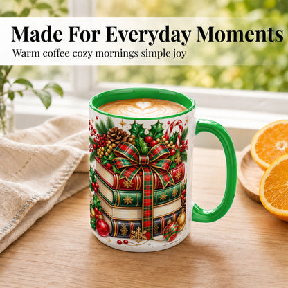 #pl[15oz|Green] Classic Christmas Books Coffee Mug, Plaid Bow Holiday Mug, Ceramic Cup