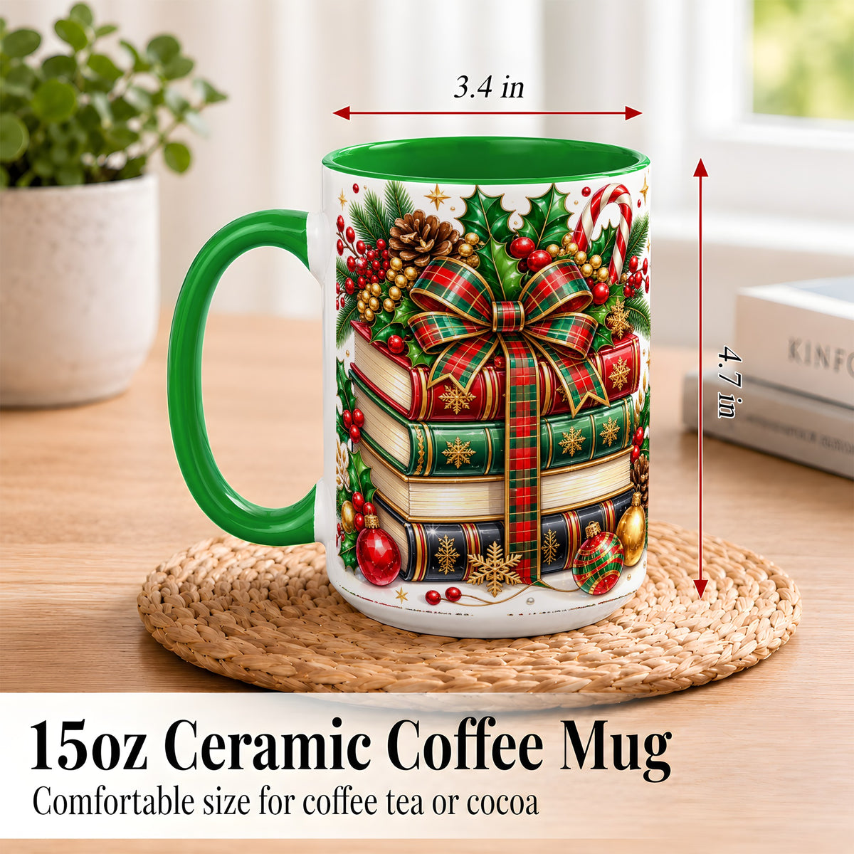 #pl[15oz|Green] Classic Christmas Books Coffee Mug, Plaid Bow Holiday Mug, Ceramic Cup