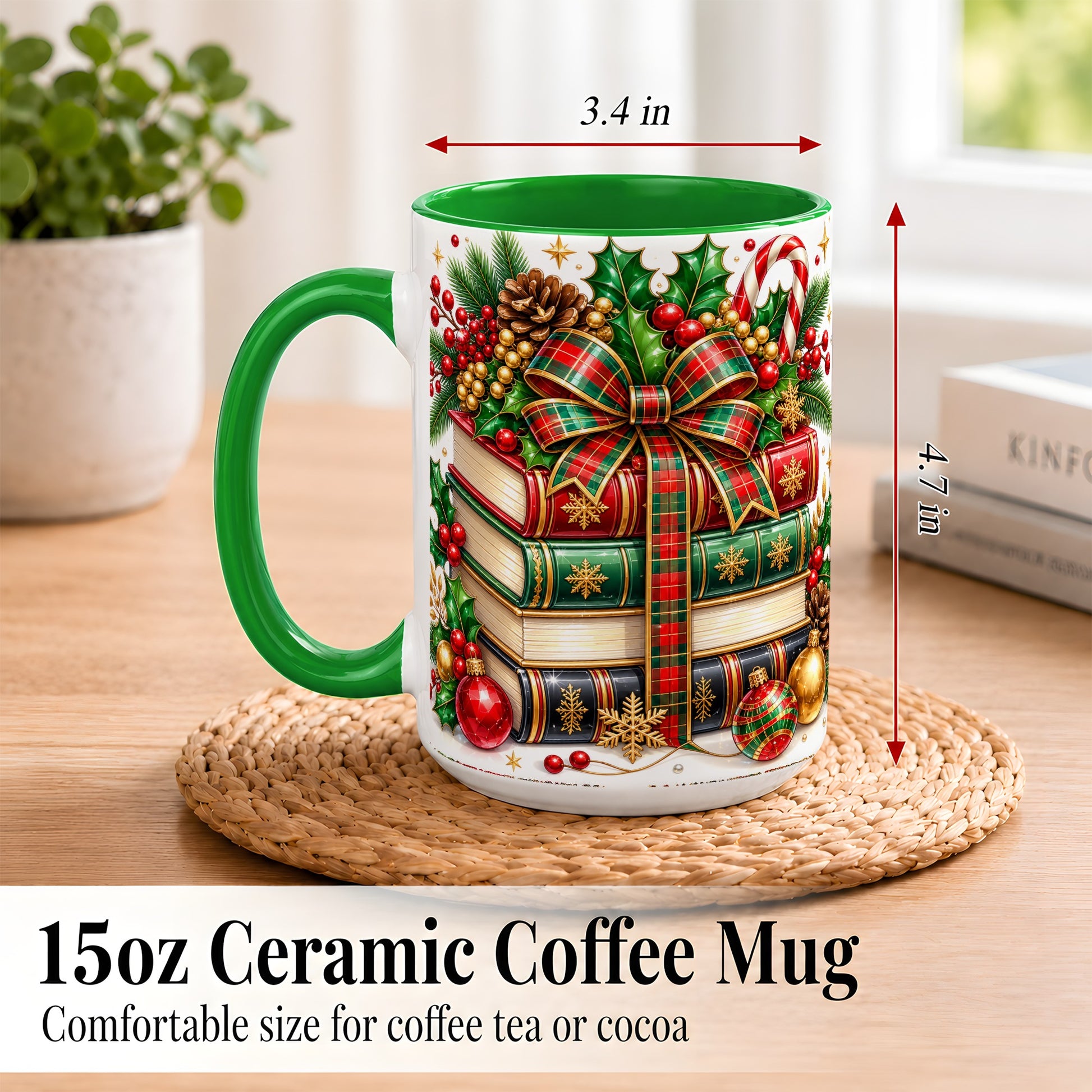 #pl[15oz|Green] Classic Christmas Books Coffee Mug, Plaid Bow Holiday Mug, Ceramic Cup