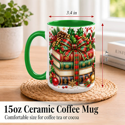 #pl[15oz|Green] Classic Christmas Books Coffee Mug, Plaid Bow Holiday Mug, Ceramic Cup