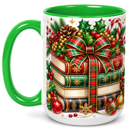 #pl[15oz|Green] Classic Christmas Books Coffee Mug, Plaid Bow Holiday Mug, Ceramic Cup