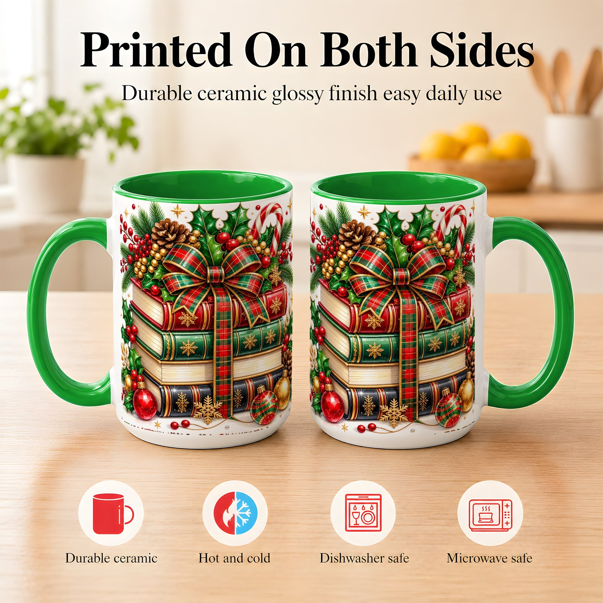 #pl[15oz|Green] Classic Christmas Books Coffee Mug, Plaid Bow Holiday Mug, Ceramic Cup