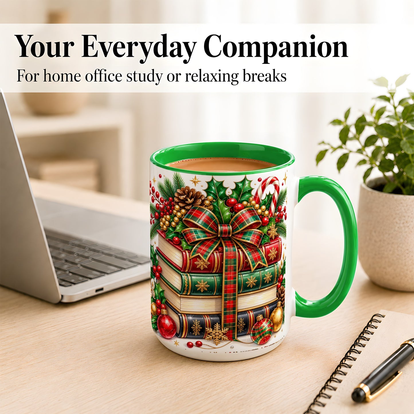 #pl[15oz|Green] Classic Christmas Books Coffee Mug, Plaid Bow Holiday Mug, Ceramic Cup