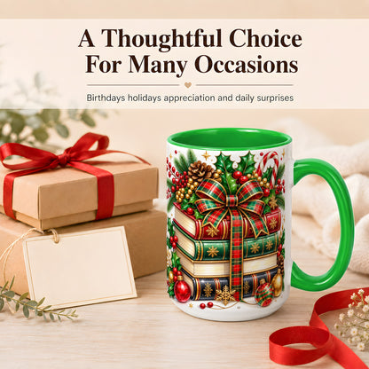 #pl[15oz|Green] Classic Christmas Books Coffee Mug, Plaid Bow Holiday Mug, Ceramic Cup