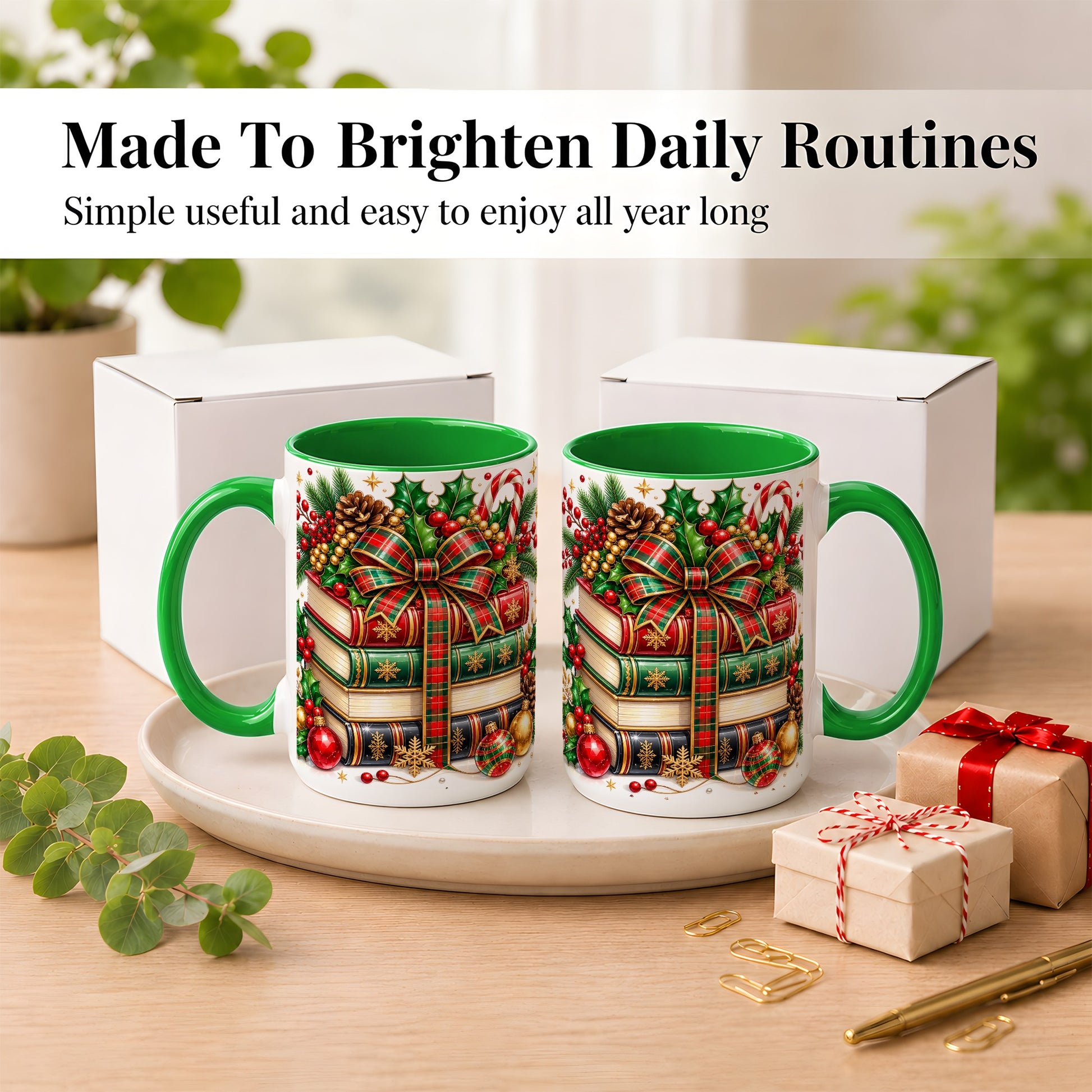 #pl[15oz|Green] Classic Christmas Books Coffee Mug, Plaid Bow Holiday Mug, Ceramic Cup