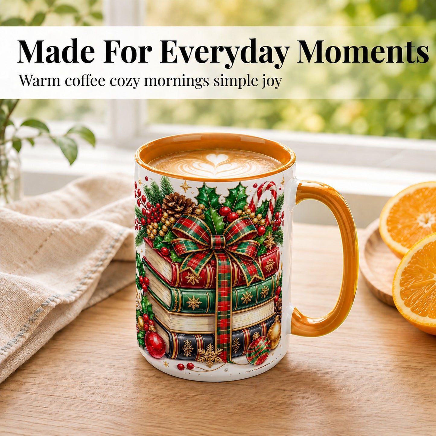 #pl[15oz|Orange] Classic Christmas Books Coffee Mug, Plaid Bow Holiday Mug, Ceramic Cup