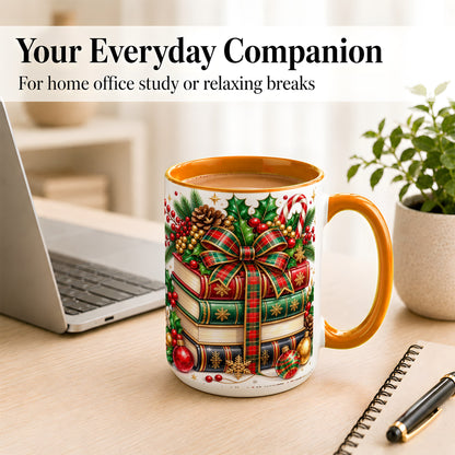 #pl[15oz|Orange] Classic Christmas Books Coffee Mug, Plaid Bow Holiday Mug, Ceramic Cup