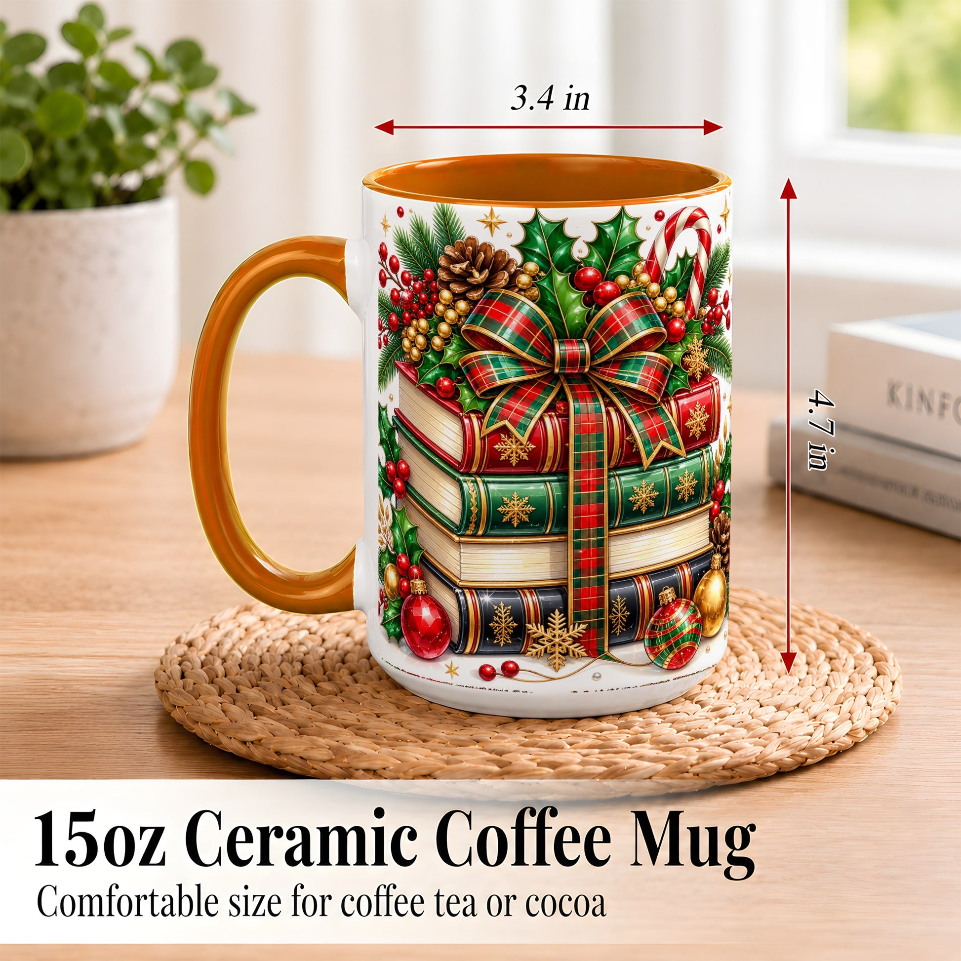 #pl[15oz|Orange] Classic Christmas Books Coffee Mug, Plaid Bow Holiday Mug, Ceramic Cup