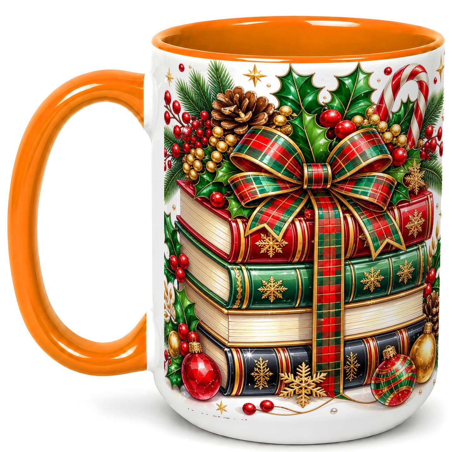 #pl[15oz|Orange] Classic Christmas Books Coffee Mug, Plaid Bow Holiday Mug, Ceramic Cup