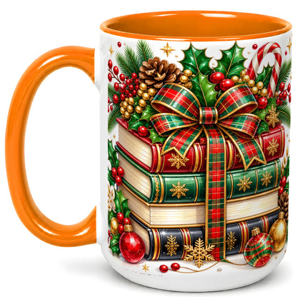 #pl[15oz|Orange] Classic Christmas Books Coffee Mug, Plaid Bow Holiday Mug, Ceramic Cup