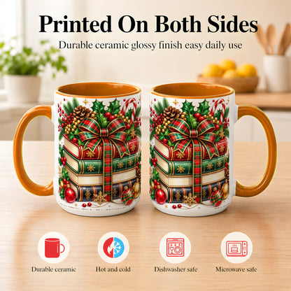 #pl[15oz|Orange] Classic Christmas Books Coffee Mug, Plaid Bow Holiday Mug, Ceramic Cup