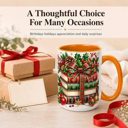 #pl[15oz|Orange] Classic Christmas Books Coffee Mug, Plaid Bow Holiday Mug, Ceramic Cup