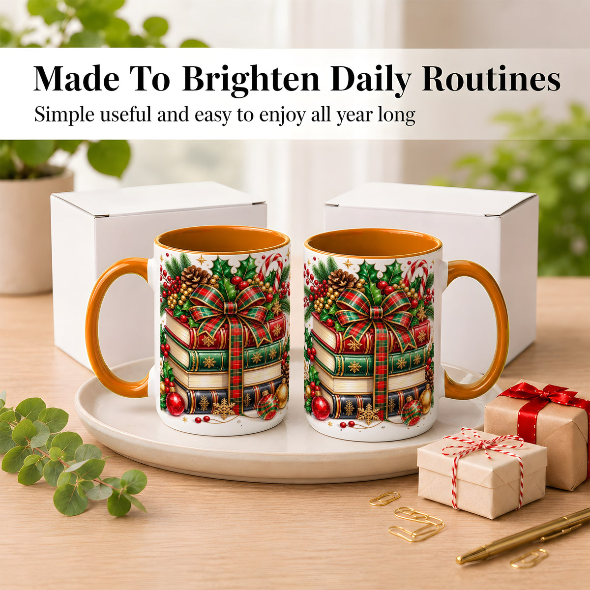 #pl[15oz|Orange] Classic Christmas Books Coffee Mug, Plaid Bow Holiday Mug, Ceramic Cup