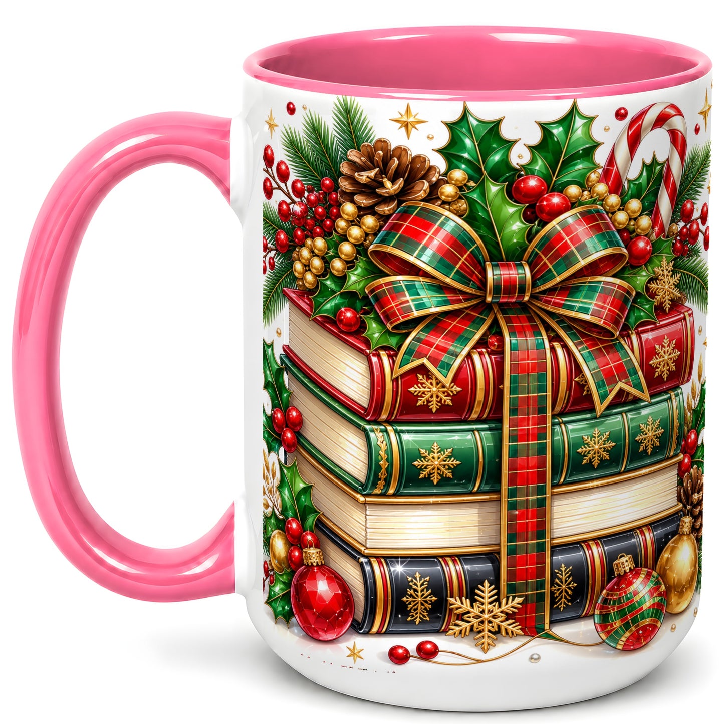 #pl[15oz|Pink] Classic Christmas Books Coffee Mug, Plaid Bow Holiday Mug, Ceramic Cup