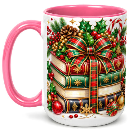 #pl[15oz|Pink] Classic Christmas Books Coffee Mug, Plaid Bow Holiday Mug, Ceramic Cup