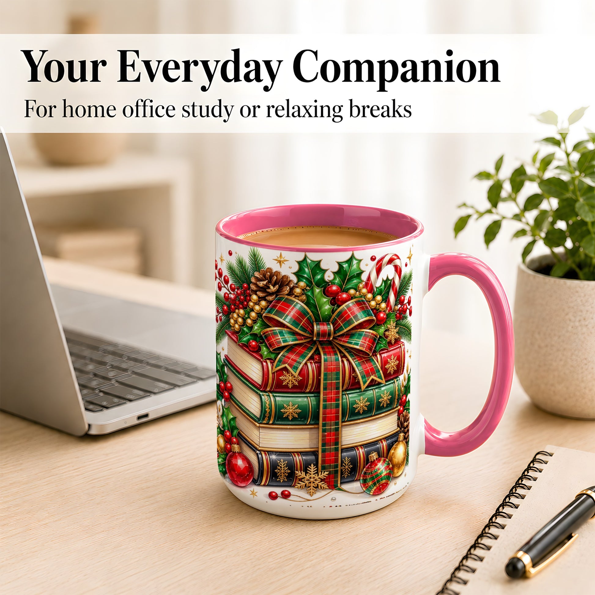 #pl[15oz|Pink] Classic Christmas Books Coffee Mug, Plaid Bow Holiday Mug, Ceramic Cup