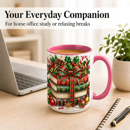 #pl[15oz|Pink] Classic Christmas Books Coffee Mug, Plaid Bow Holiday Mug, Ceramic Cup