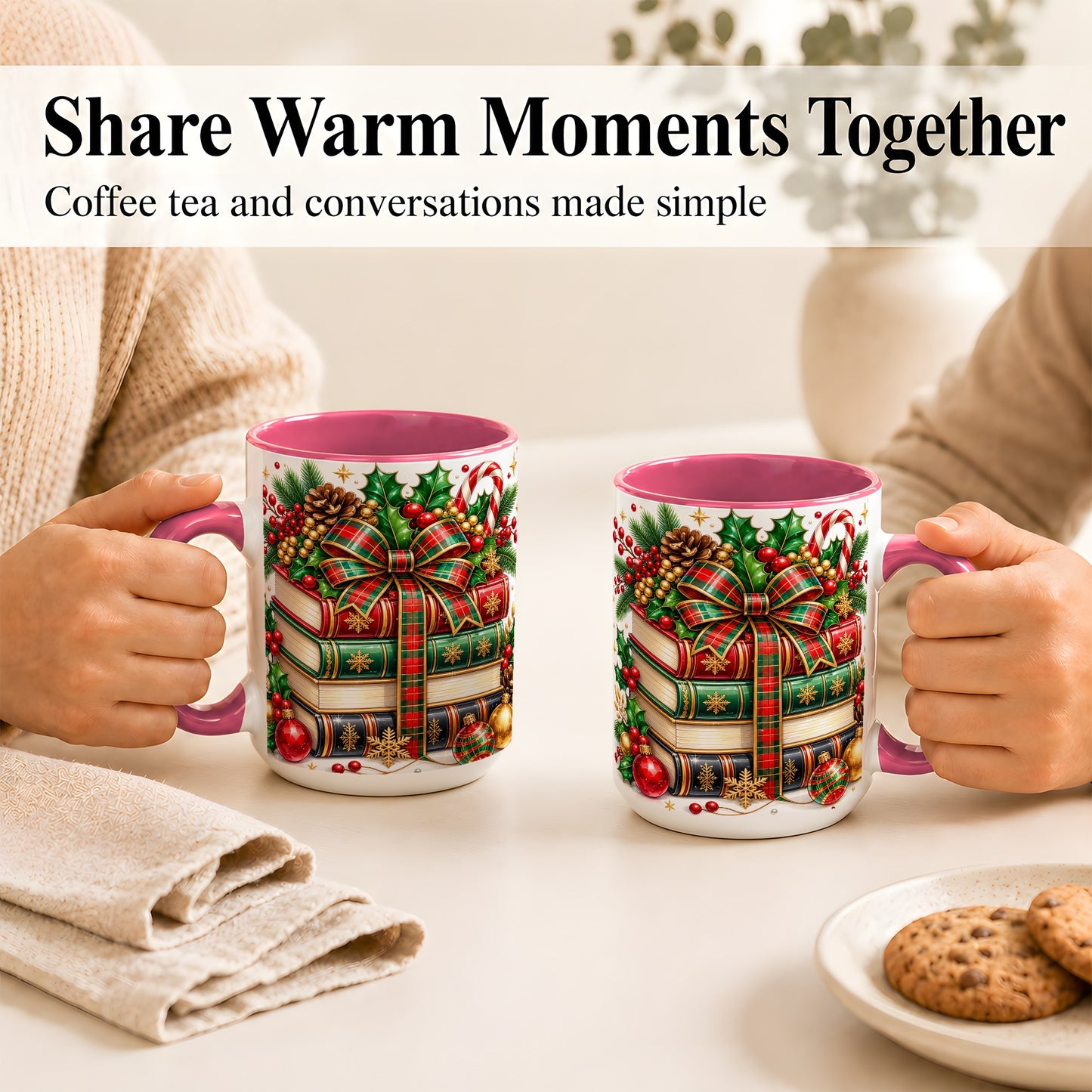 #pl[15oz|Pink] Classic Christmas Books Coffee Mug, Plaid Bow Holiday Mug, Ceramic Cup