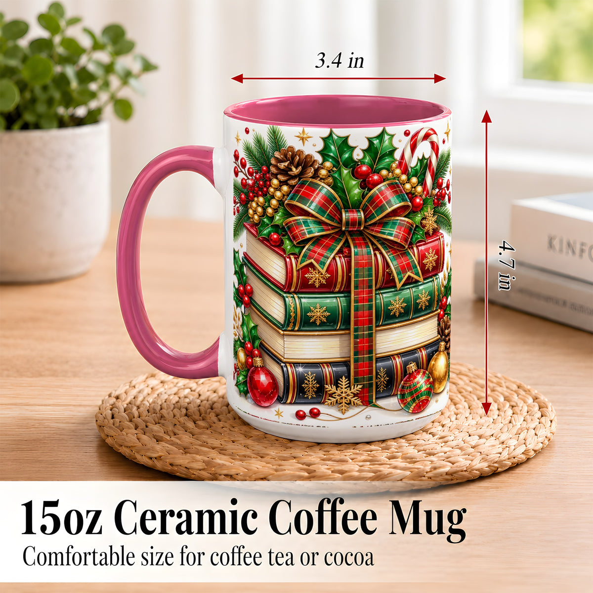 #pl[15oz|Pink] Classic Christmas Books Coffee Mug, Plaid Bow Holiday Mug, Ceramic Cup