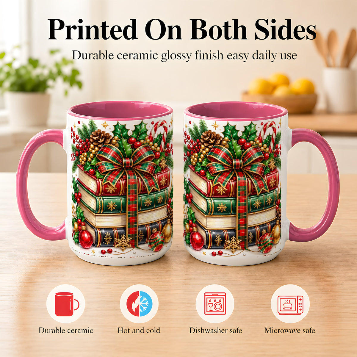 #pl[15oz|Pink] Classic Christmas Books Coffee Mug, Plaid Bow Holiday Mug, Ceramic Cup