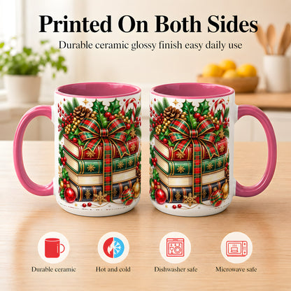 #pl[15oz|Pink] Classic Christmas Books Coffee Mug, Plaid Bow Holiday Mug, Ceramic Cup